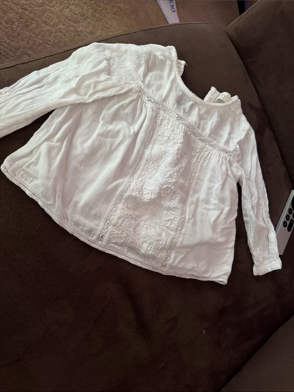 Zara White Embroidered Long-Sleeve Peasant Blouse